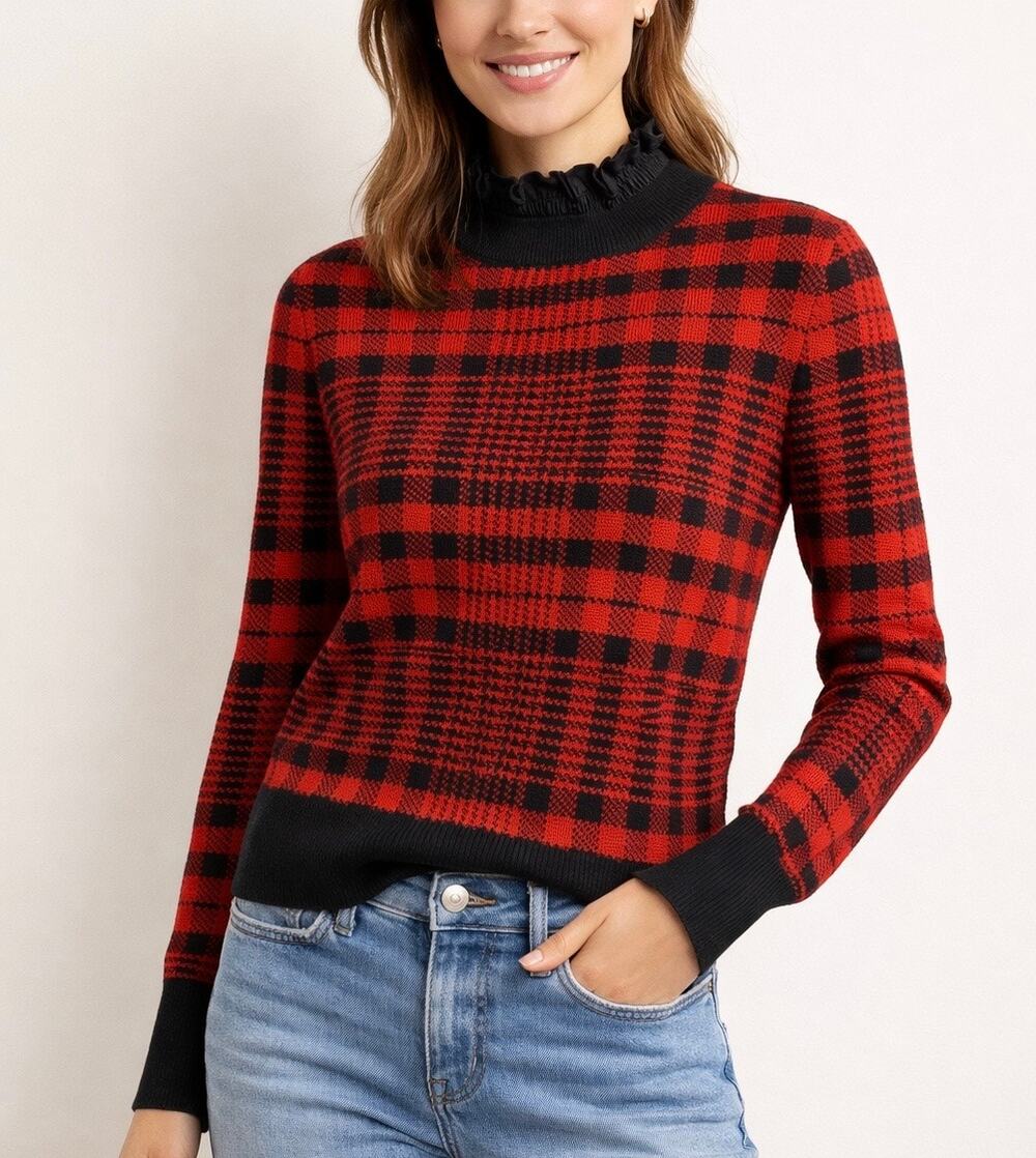 LOFT Outlet Red Black Plaid Ruffle Mock Neck Sweater Small Holidays Preppy